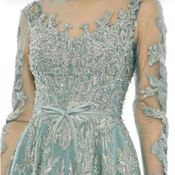 MAC DUGGAL Women’s Embellished Bow Belt Illusion Long Sleeve A-Line Dress in 10 - Picture 6 of 13